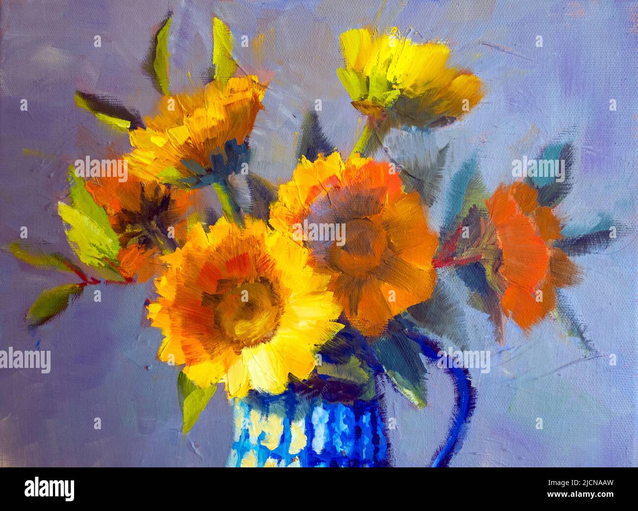 Bouquet de tournesol, huile de peinture impressionniste sur toile. Tournesols dans un vase japonais sur une nappe Banque D'Images
