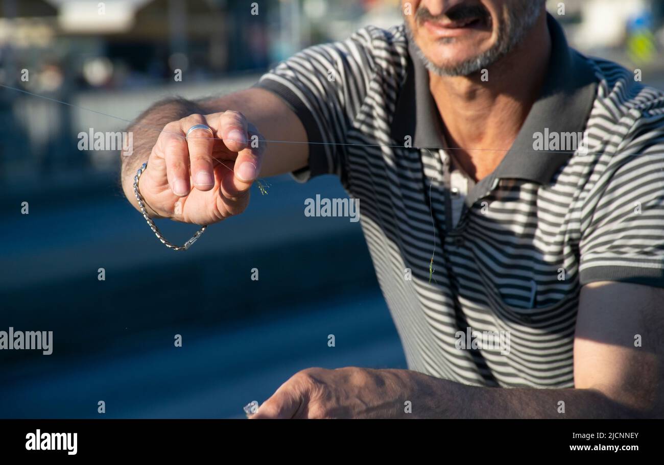 Pêche au maquereau fraîchement pêché sur un crochet sur la main d'un homme, vue latérale. Banque D'Images