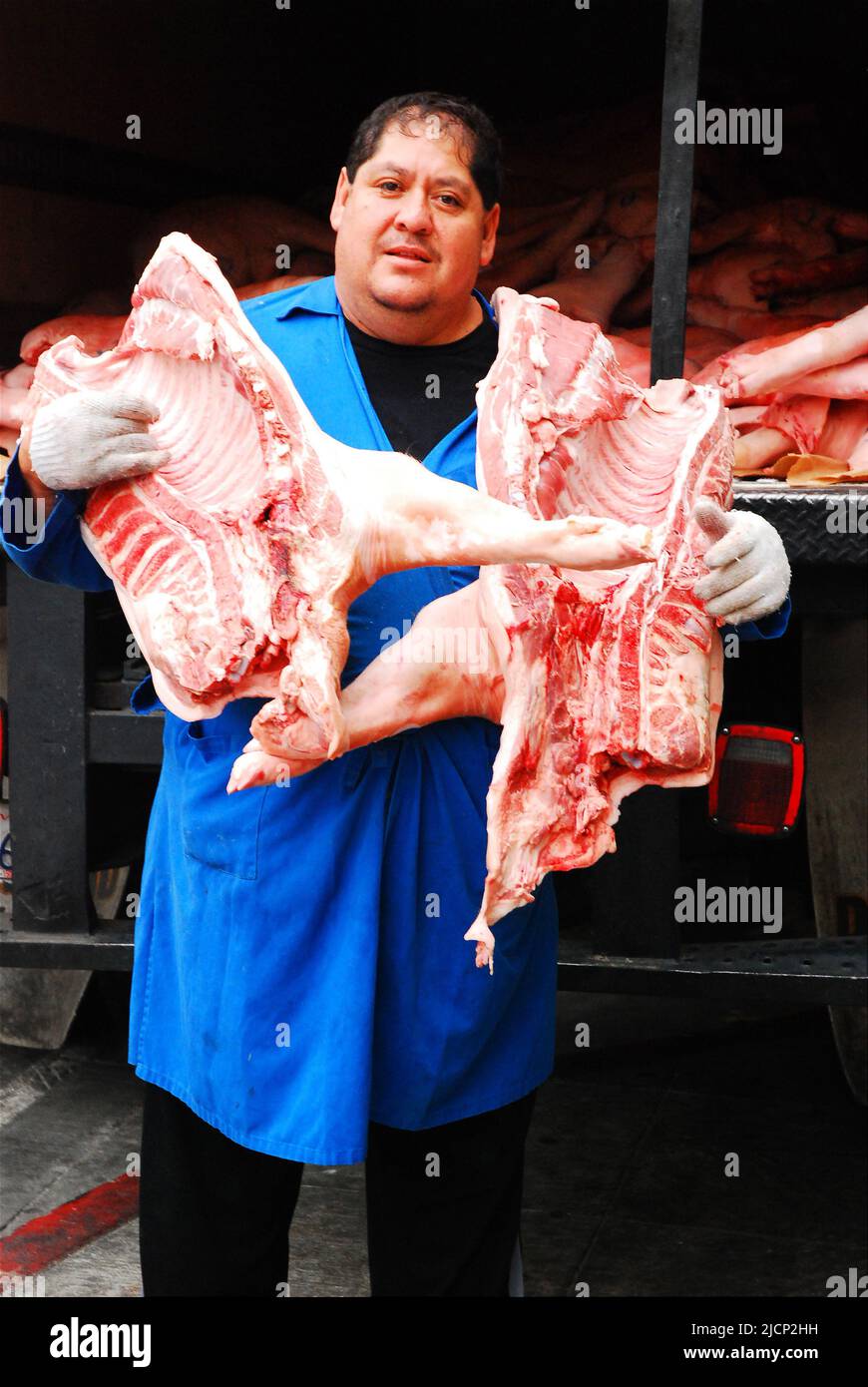 Un homme adulte livre des cochons complets à un restaurant et une boucherie de la ville Banque D'Images