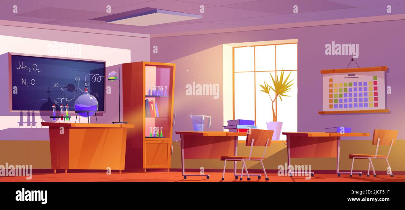 Salle de classe pour l'apprentissage de la chimie à l'école, au collège ou à l'université. Illustration vectorielle d'un intérieur de classe vide avec des flacons sur le bureau, des formules sur le tableau noir et une table périodique chimique sur le mur Illustration de Vecteur