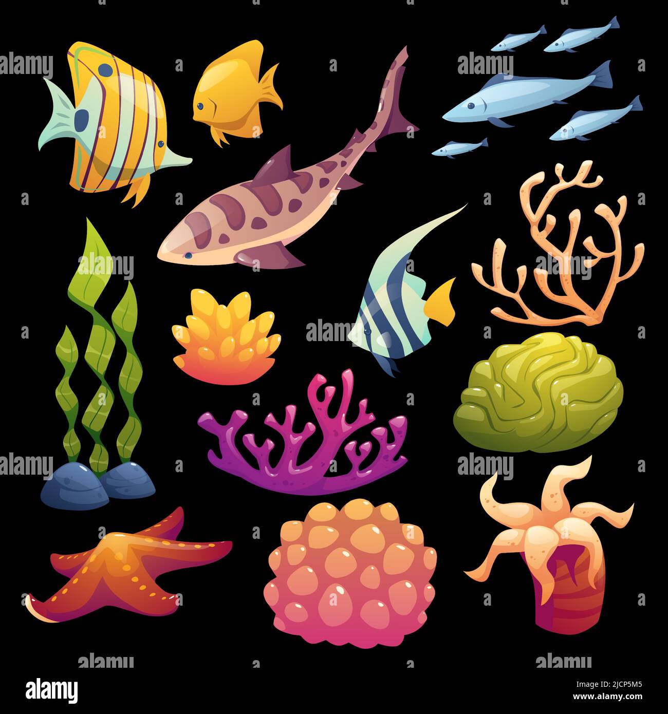 Poisson tropical de mer, corail, étoile rouge et vecteur de dessin animé éponge isolé sur fond noir. Poisson à papillons rayé et requin, tang jaune et école de thon, d'actinia et d'algues, animal sous-marin Illustration de Vecteur
