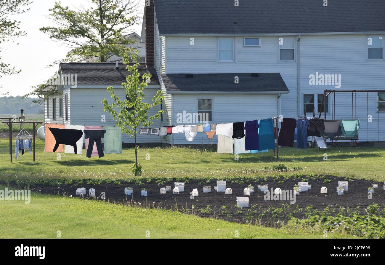 Maison familiale Amish avec des vêtements séchant sur une corde à linge dans l'arrière-cour et un jardin au premier plan (près d'Arthur Illinois) Banque D'Images