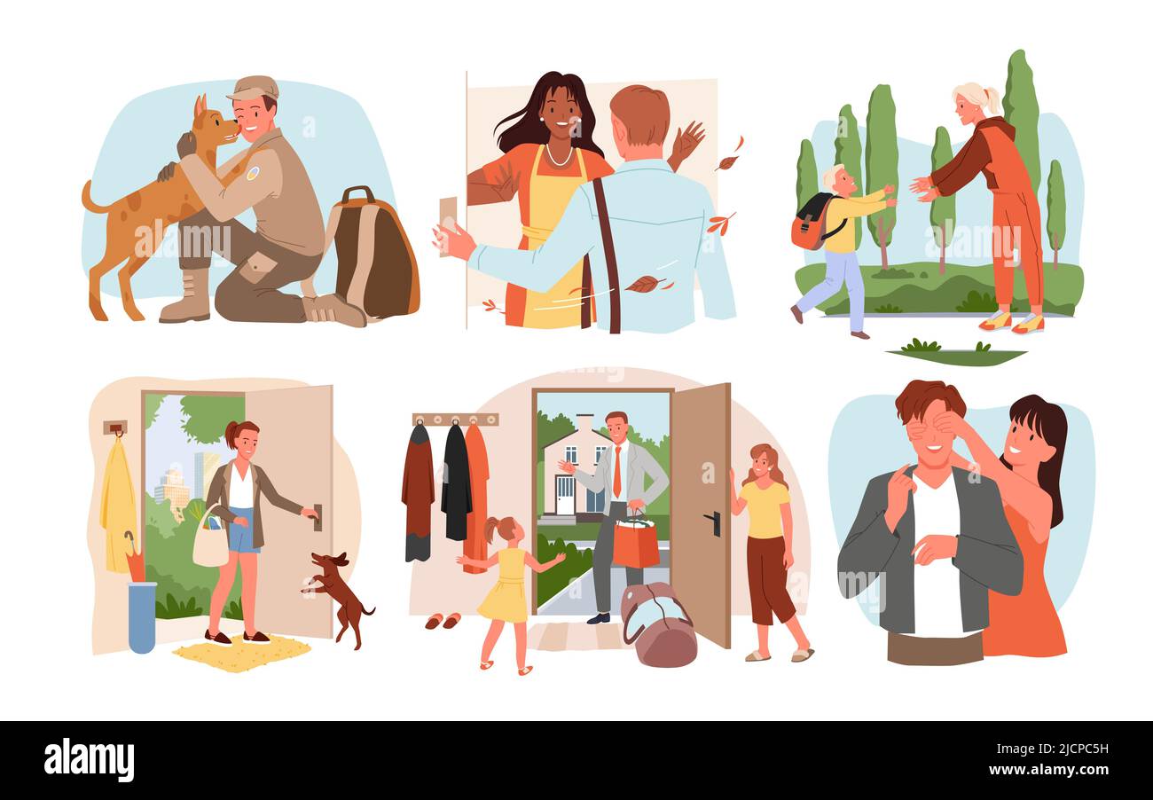 Les gens heureux retournent à la maison ensemble, homme et femme de retour de vacances, de travail ou d'armée Illustration de Vecteur