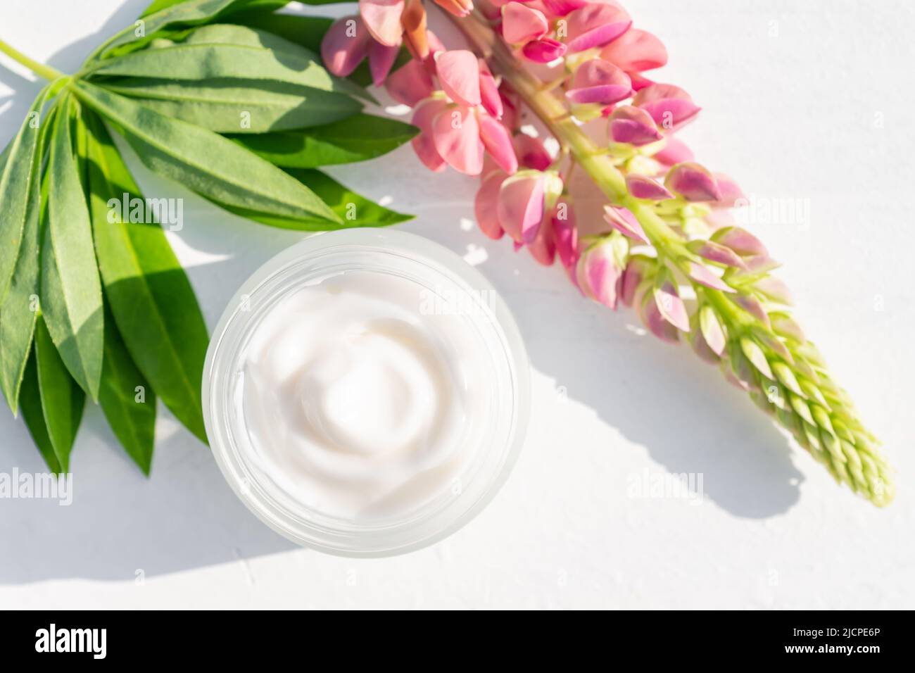 Crème cosmétique blanche sans marque, bol ouvert et fleurs lupin brillantes sur fond blanc. Maquette, modèle. Contenant pour lotion pour le corps, hydratant cr Banque D'Images