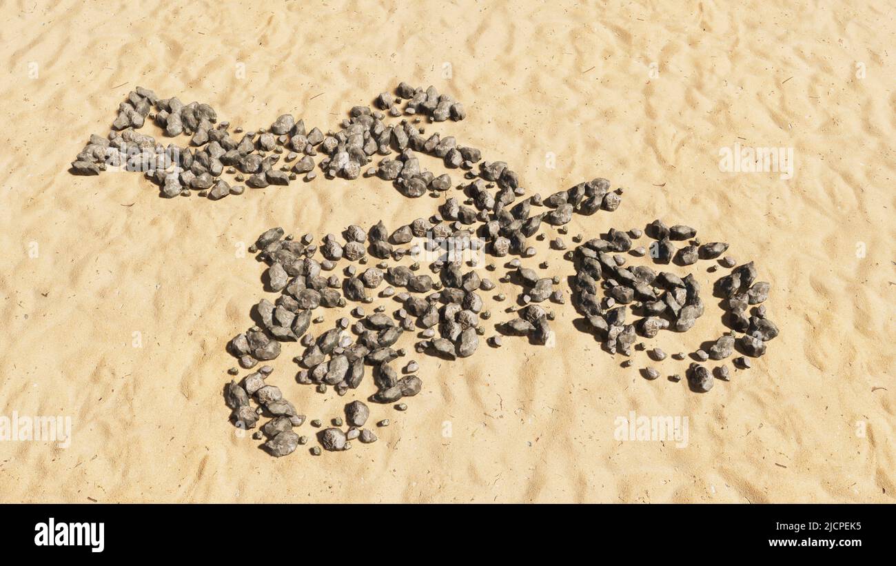 Concept pierres conceptuelles sur plage sable forme de symbole fait à la main, fond de sable doré, panneau de stuntman moto.3d métaphore de l'illustration pour le sport Banque D'Images