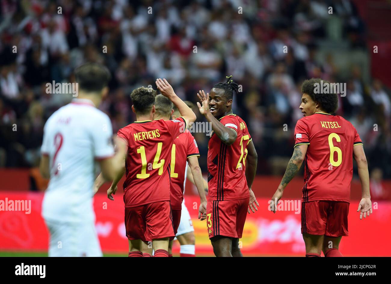 VARSOVIE, POLOGNE - 14 JUIN 2022: UEFA Nations League 2023 Pologne - Belgique match o/p: Michy Batshuayi (Belgique) célèbre un but Banque D'Images