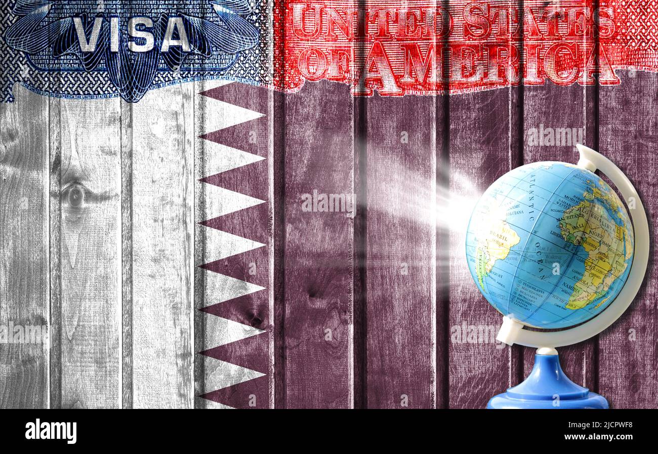 Document de visa des États-Unis d'Amérique, drapeau du Qatar et globe en arrière-plan. Le concept de voyage aux États-Unis et de migration illégale Banque D'Images