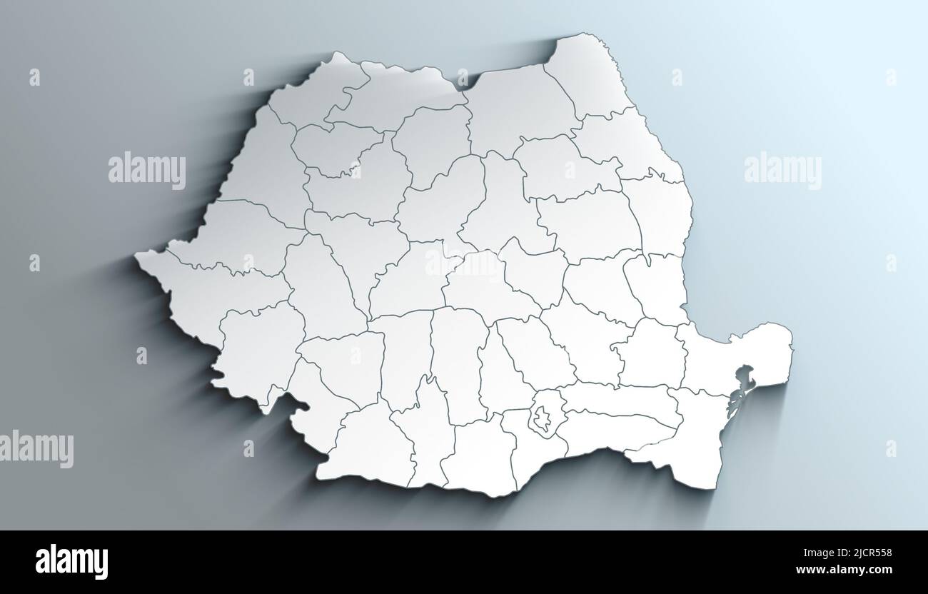 Carte géographique de la Roumanie avec comtés avec régions avec ombres Banque D'Images