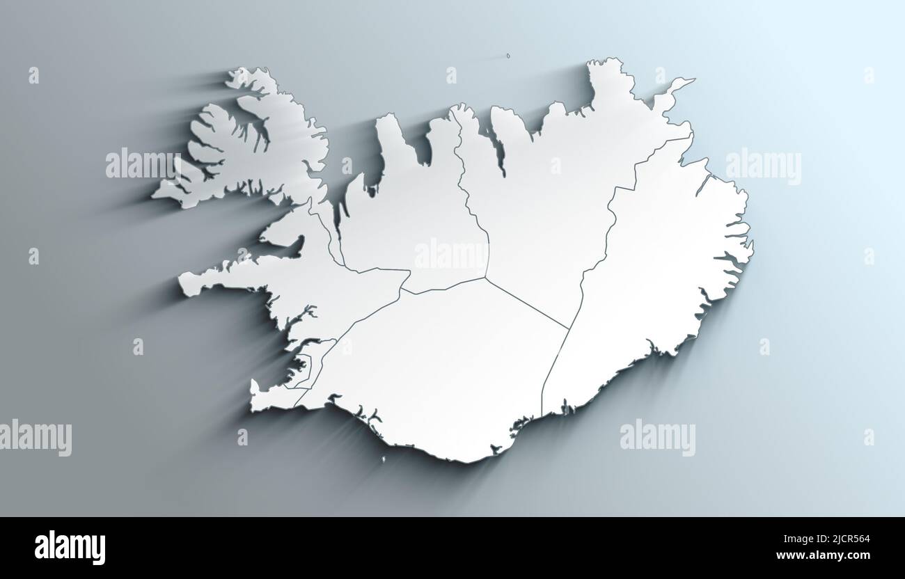 Carte géographique de l'Islande avec régions avec ombres Banque D'Images