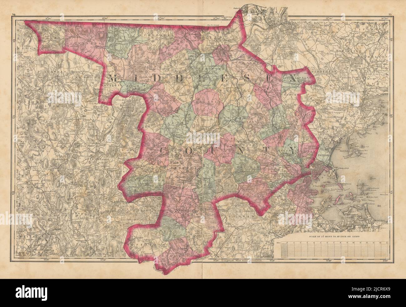 Comté de Middlesex, Massachusetts. TABLEAU MURAL et 1871 cartes anciennes GRISES Banque D'Images
