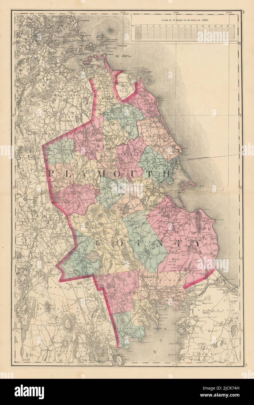 Plymouth County, Massachusetts. TABLEAU mural et 1871 anciens PLANS de cartes GRIS Banque D'Images