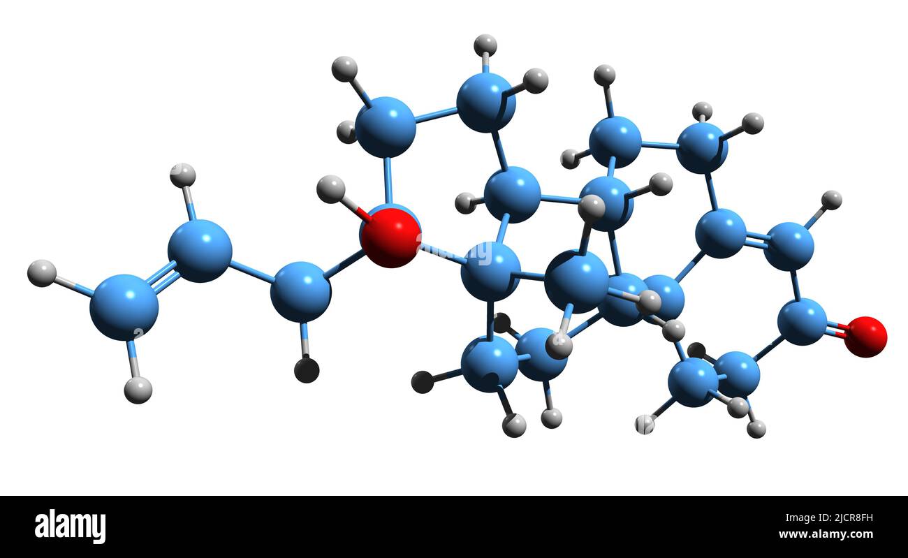 3D image de la formule squelettique 3-cétoallylestrenol - structure chimique moléculaire de la 17a-Allyl-19-nortestostérone isolée sur fond blanc Banque D'Images