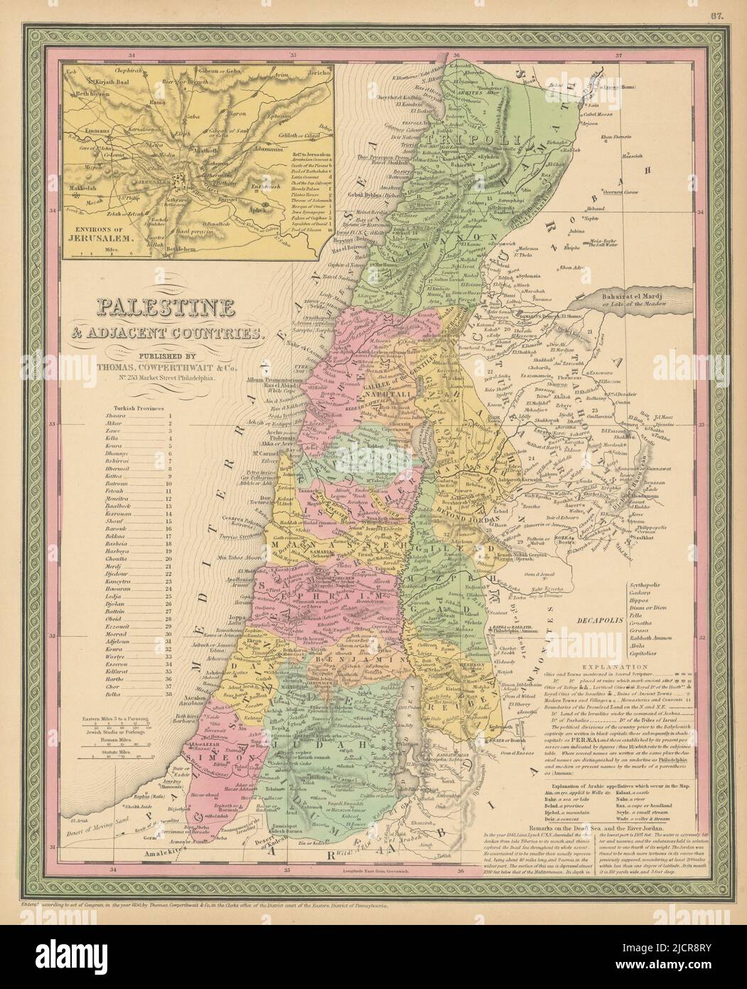 Palestine et pays voisins. Israël Liban Jordanie. Carte COWPERTHWAIT 1852 Banque D'Images