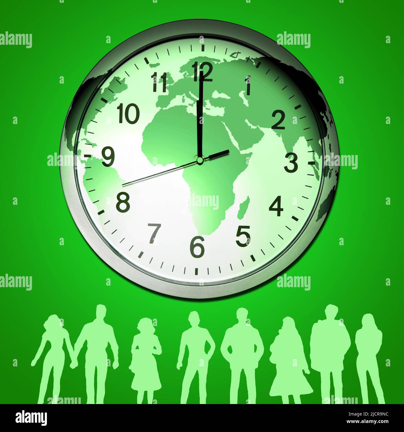 silhouettes de gens et horloge mondiale, concept d'heure écologique Banque D'Images