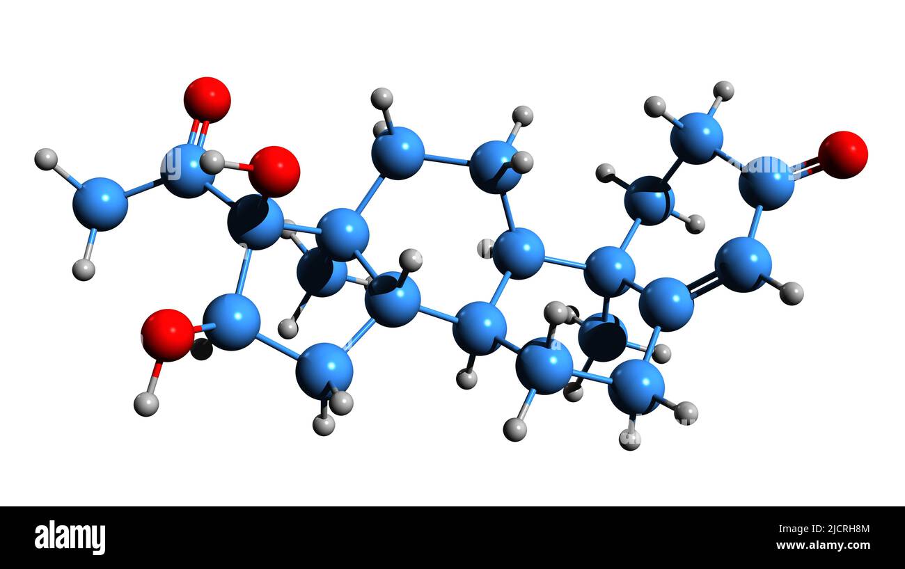 3D image de la formule osseuse d'Algestone - structure chimique moléculaire de la progestérone alphasique isolée sur fond blanc Banque D'Images