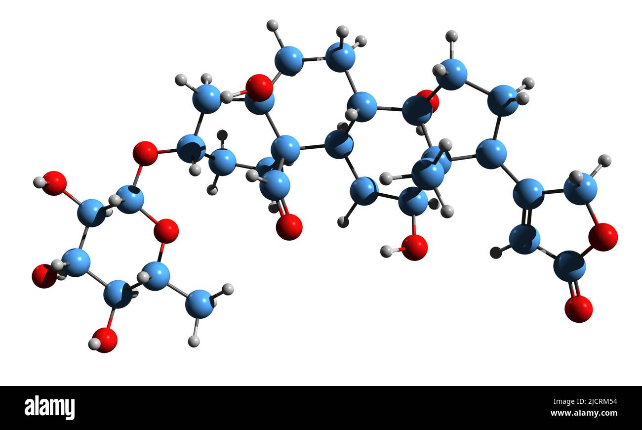 3D image de la formule squelettique antiarine - structure chimique moléculaire du glycoside cardiaque poison isolé sur fond blanc Banque D'Images