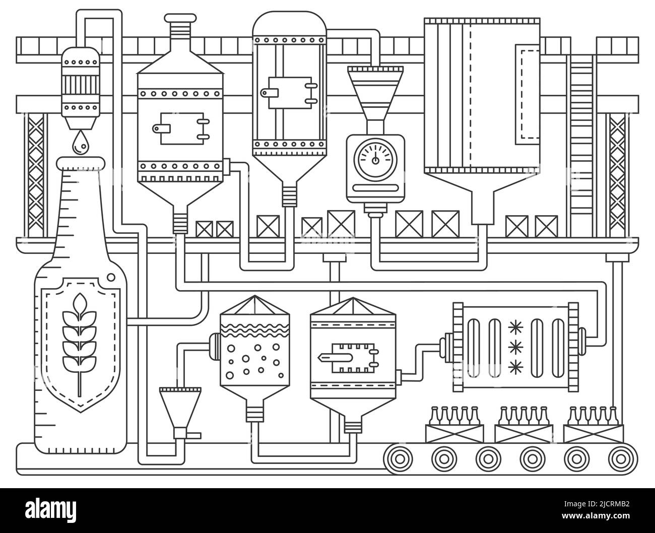 Illustration vectorielle graphique de la production artisanale de bière en ligne fine. Résumé décrire le processus de fabrication avec l'équipement, les ingrédients de fermentation, la filtration avec les machines d'automatisation, le stockage Illustration de Vecteur