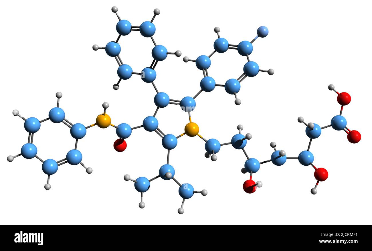 3D image de la formule squelettique d'Atorvastatine - structure chimique moléculaire du médicament statin isolé sur fond blanc Banque D'Images