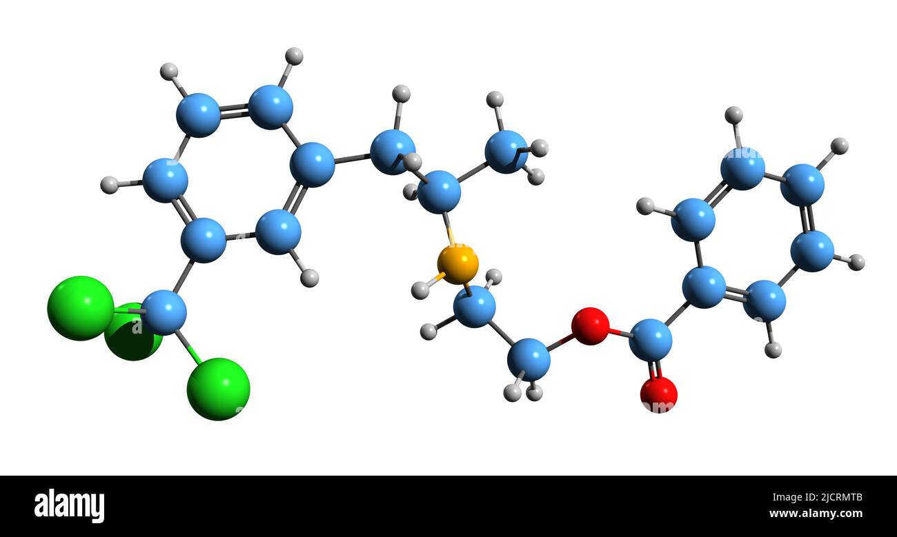 3D image de la formule squelettique de Benfluorex - structure chimique moléculaire de l'agent hypolipidique isolé sur fond blanc Banque D'Images