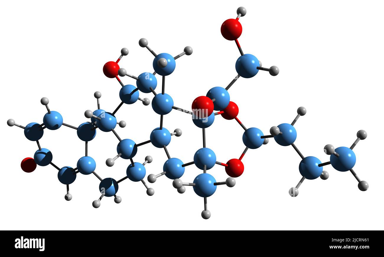 3D image de formule squelettique de Budesonide - structure chimique moléculaire du médicament corticostéroïde isolé sur fond blanc Banque D'Images
