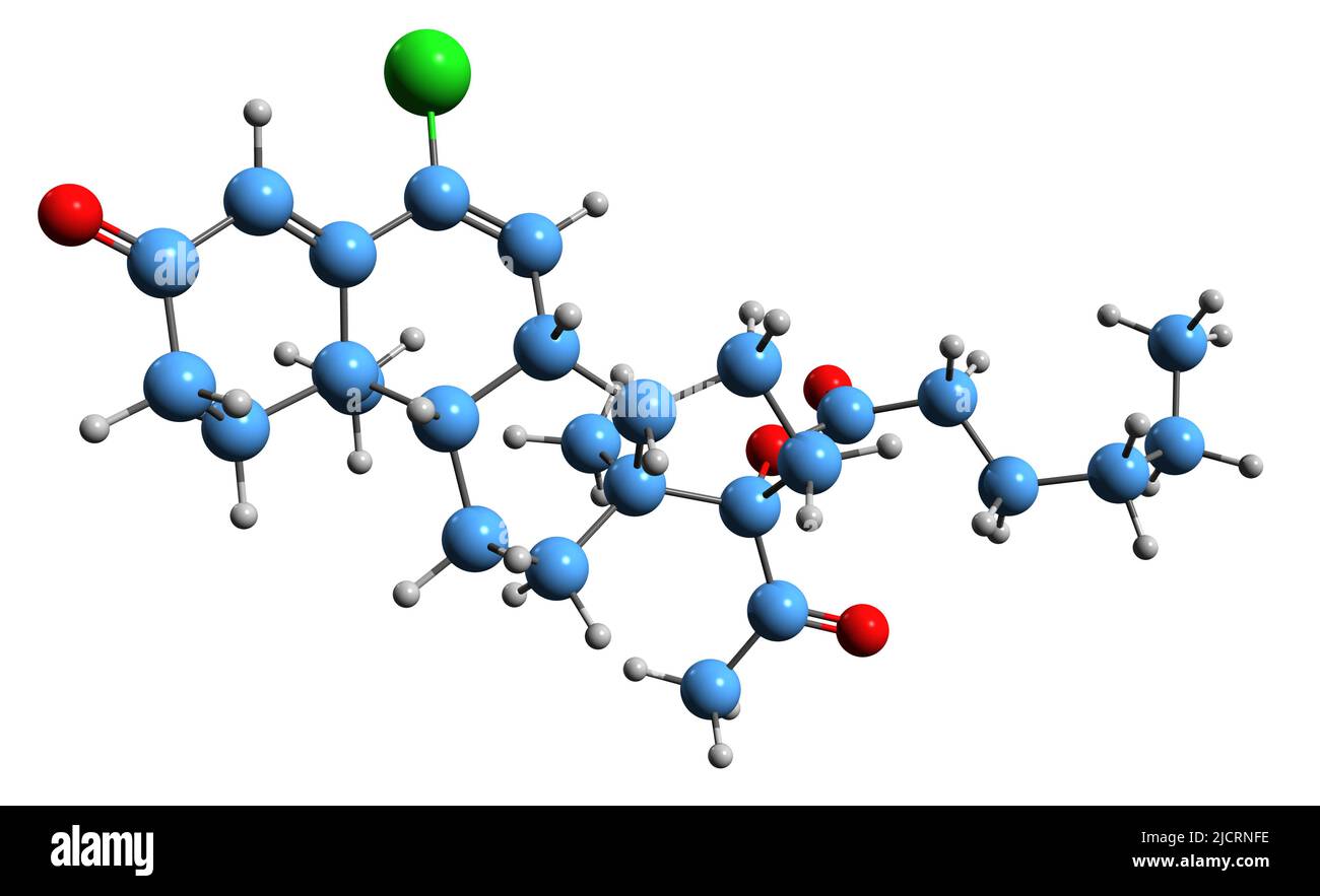 3D image de la formule squelettique du caproate de chlormadinone - structure chimique moléculaire du progestatif CMC isolé sur fond blanc Banque D'Images