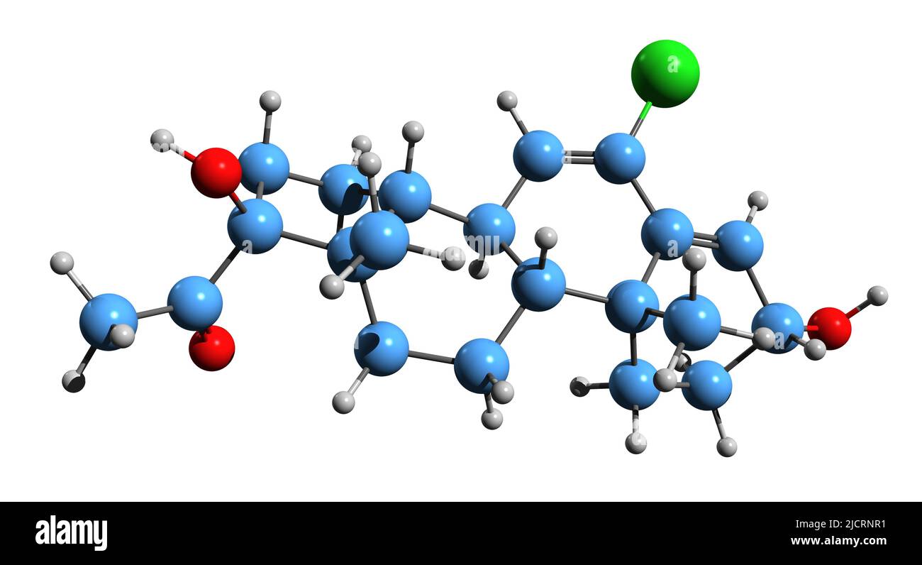 3D image de la formule du squelette de Clogestone - structure chimique moléculaire du chlormadinol isolé sur fond blanc Banque D'Images