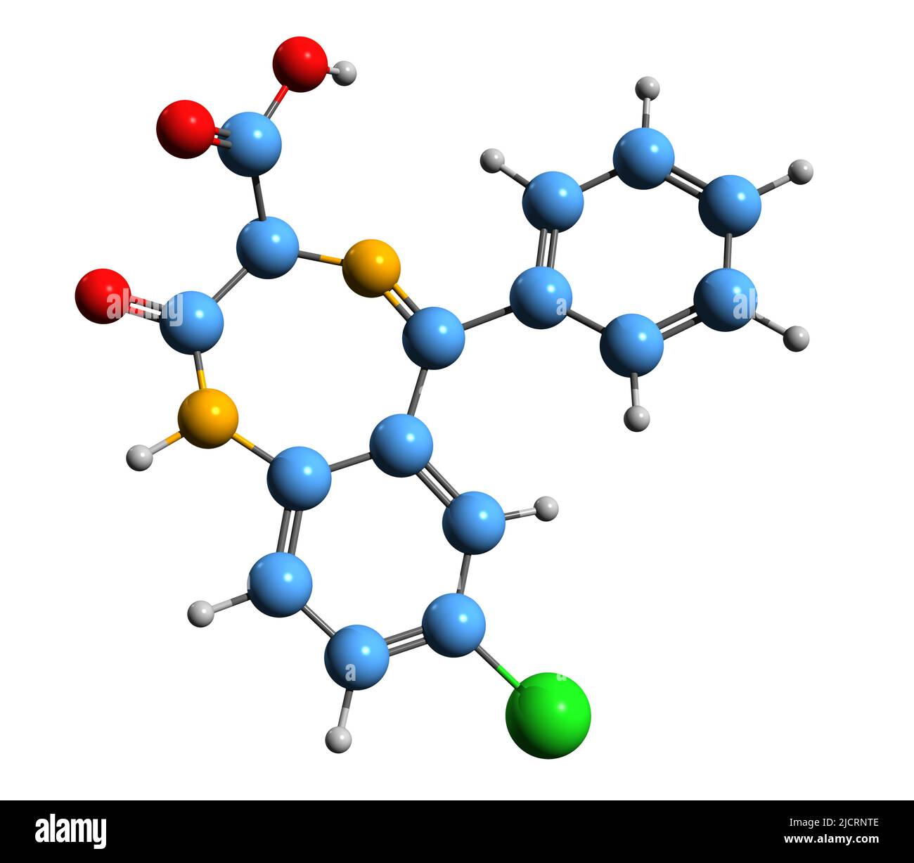 3D image de la formule squelettique Clorazepate - structure chimique moléculaire du médicament aux benzodiazépines isolé sur fond blanc Banque D'Images