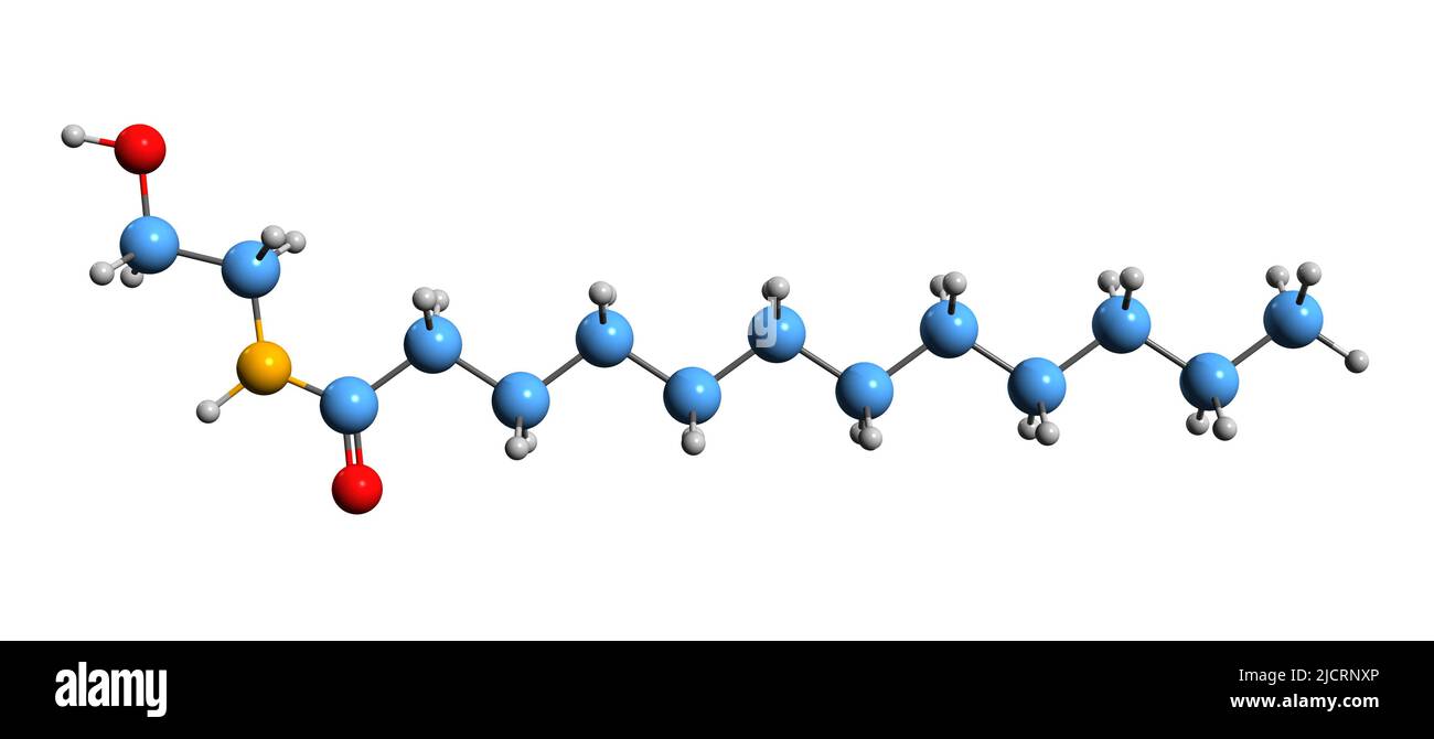 3D image de la formule squelettique de cocamide monoéthanolamine - structure chimique moléculaire du Cocamide MEA isolé sur fond blanc Banque D'Images