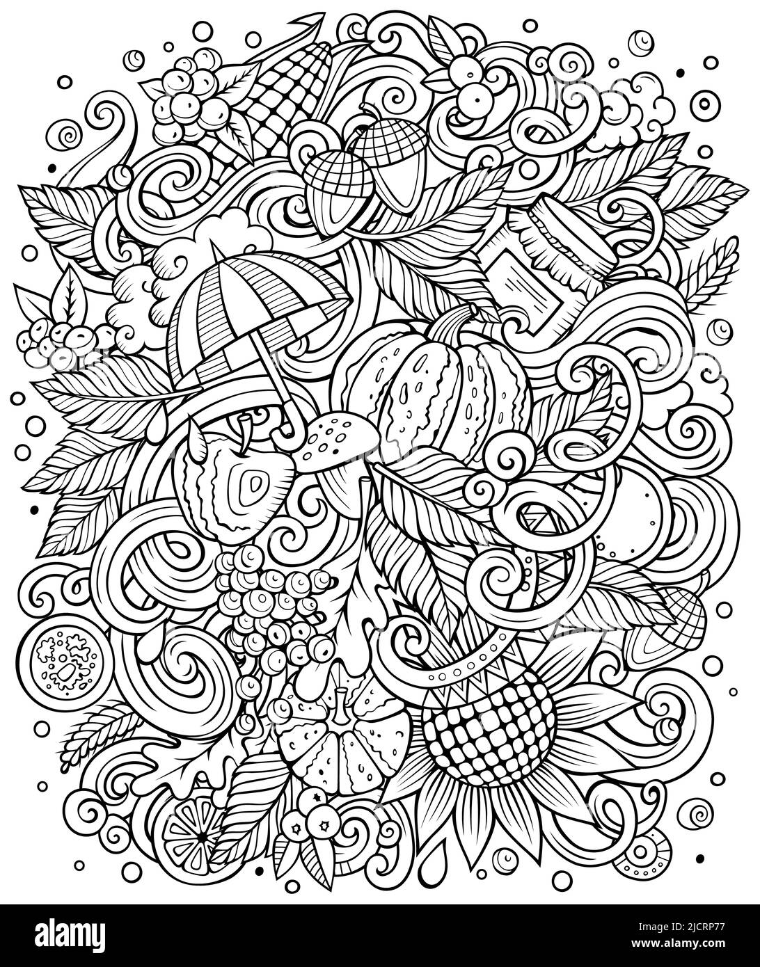 Dessin animé adorable gribouillages d'automne dessinés à la main Banque D'Images