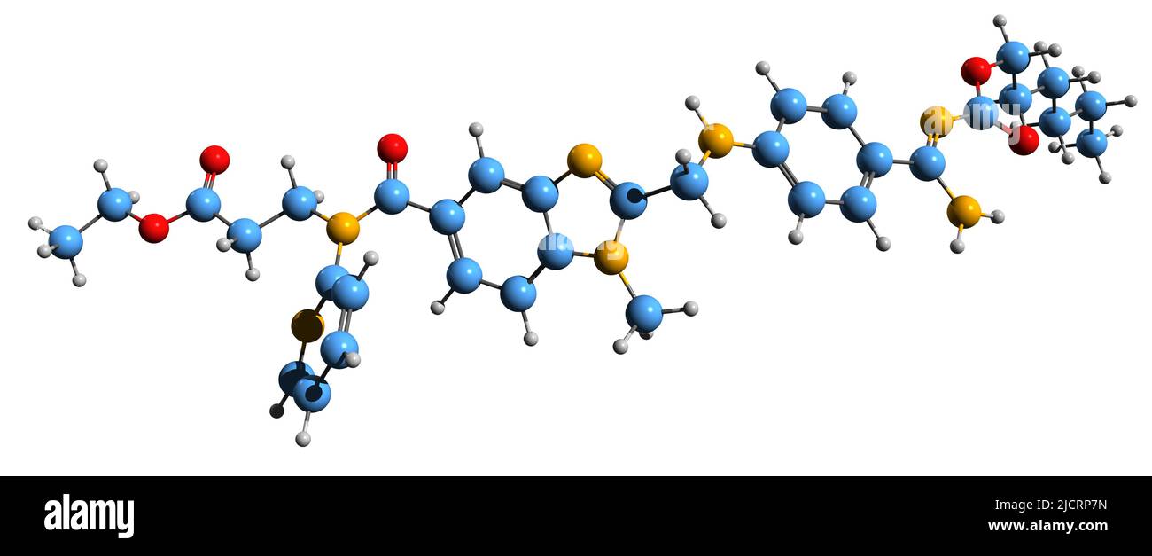 3D image de la formule squelettique de Dabigatran - structure chimique moléculaire de l'anticoagulant isolé sur fond blanc Banque D'Images