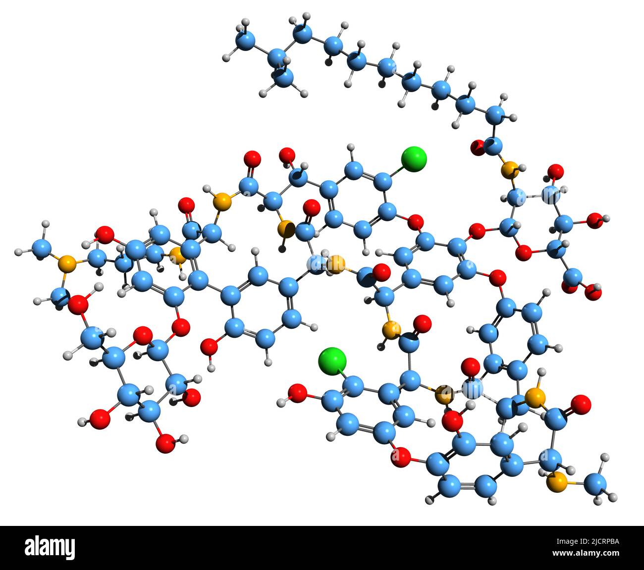 3D image de la formule squelettique de la Dalbavancine - structure chimique moléculaire de l'antibiotique lipoglycopeptide isolé sur fond blanc Banque D'Images