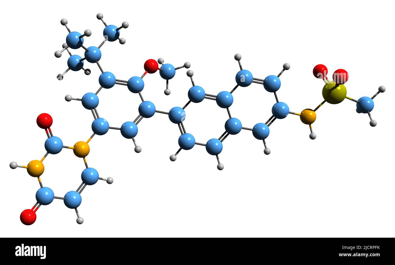 3D image de la formule squelettique de Dasabuvir - structure chimique moléculaire du médicament antiviral isolé sur fond blanc Banque D'Images