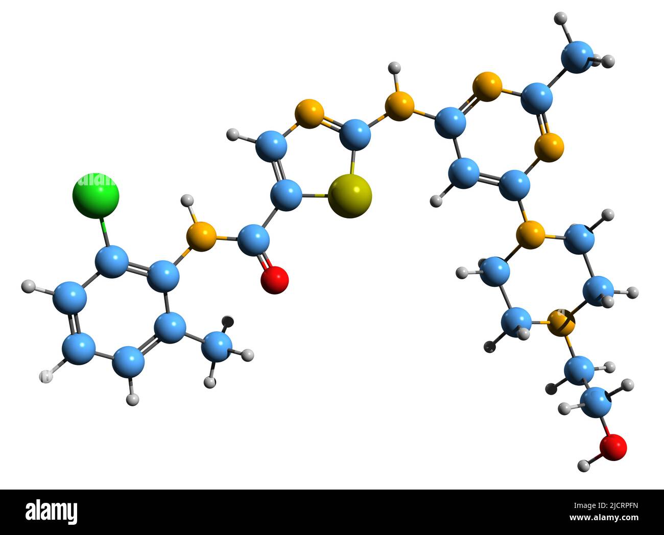 3D image de la formule squelettique du dasatinib - structure chimique moléculaire du médicament thérapeutique ciblé isolé sur fond blanc Banque D'Images
