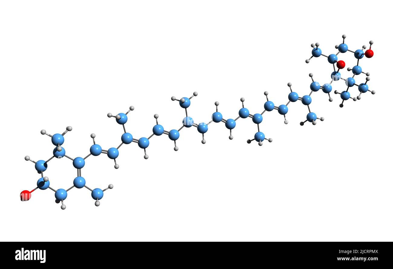 3D image de la formule squelettique de la diadinoxanthine - structure chimique moléculaire du pigment phytoplancton isolé sur fond blanc Banque D'Images
