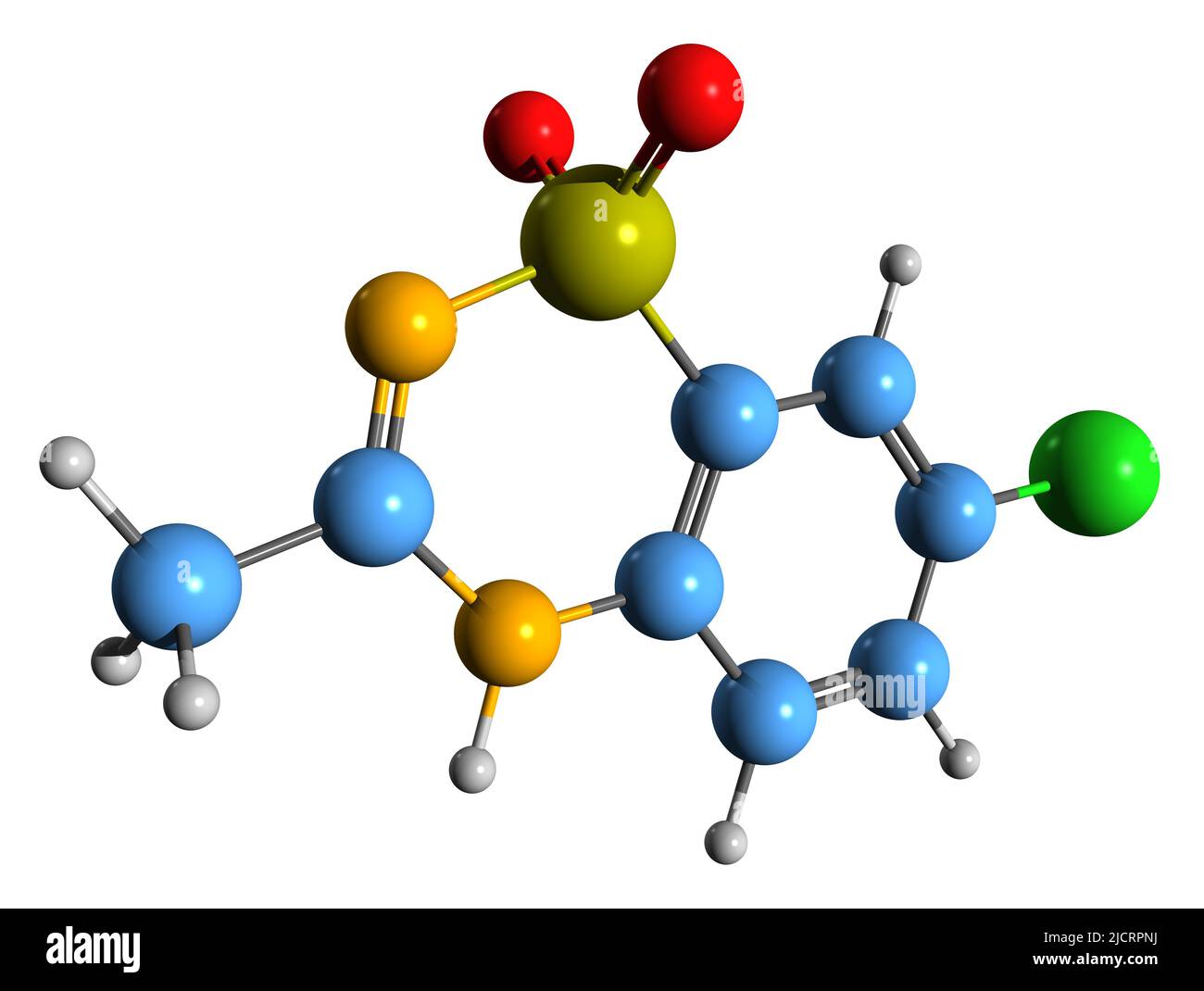 3D image de la formule squelettique du diazoxide - structure chimique moléculaire du médicament d'hypoglycémie isolé sur fond blanc Banque D'Images