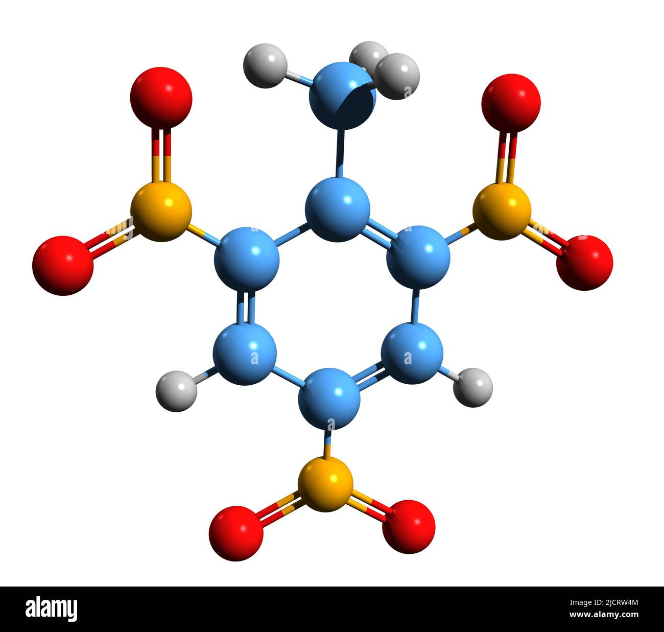 3D image de la formule squelettique du trinitrotoluène - structure chimique moléculaire du trinitrotoluol ou TNT isolée sur fond blanc, Banque D'Images