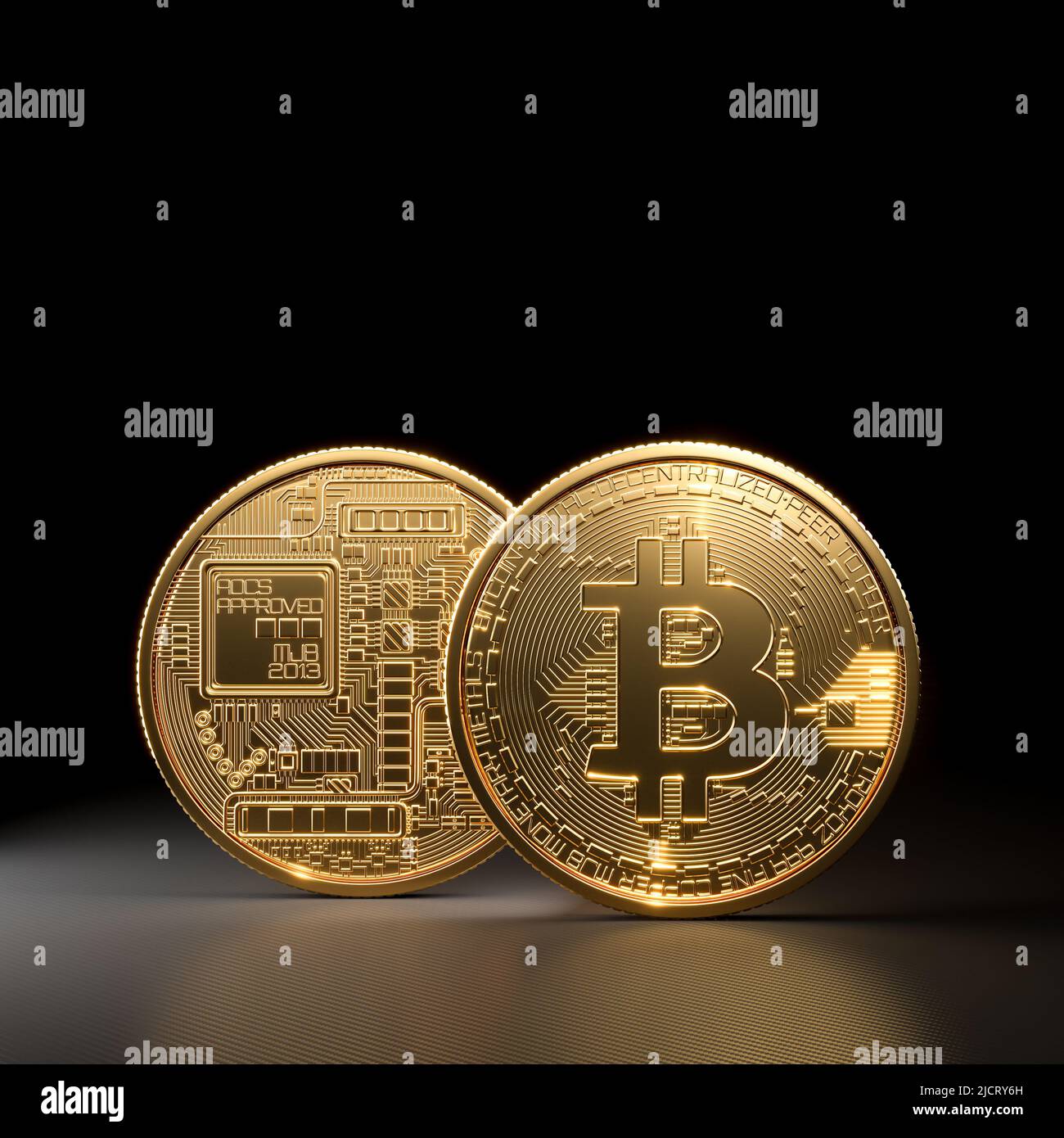 pièces de monnaie en bitcoin d'or à l'avant et à l'arrière. 3d rendu Banque D'Images