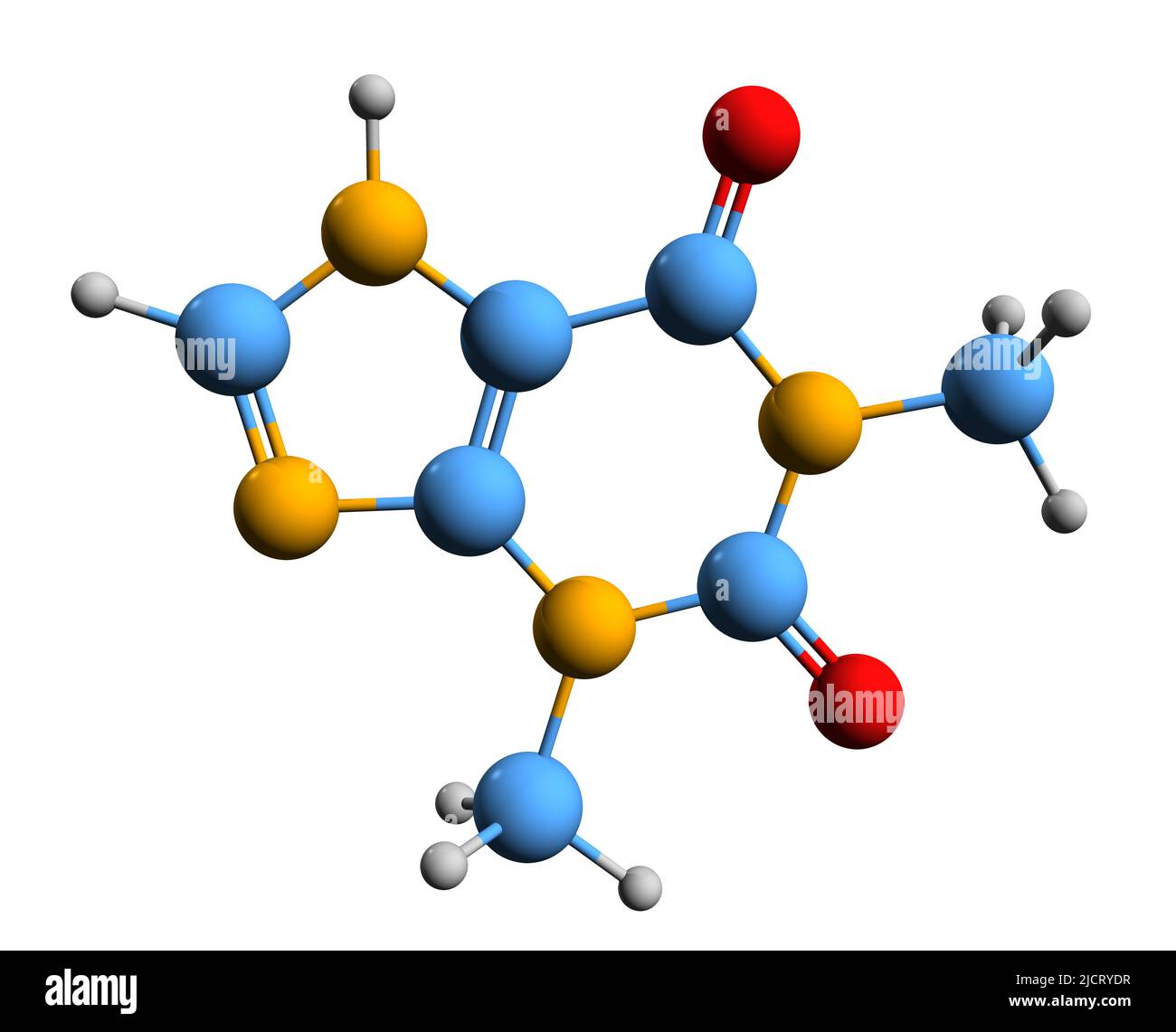 3D image de la formule squelettique de la théophylline - structure chimique moléculaire de la diméthylxanthine isolée sur fond blanc Banque D'Images