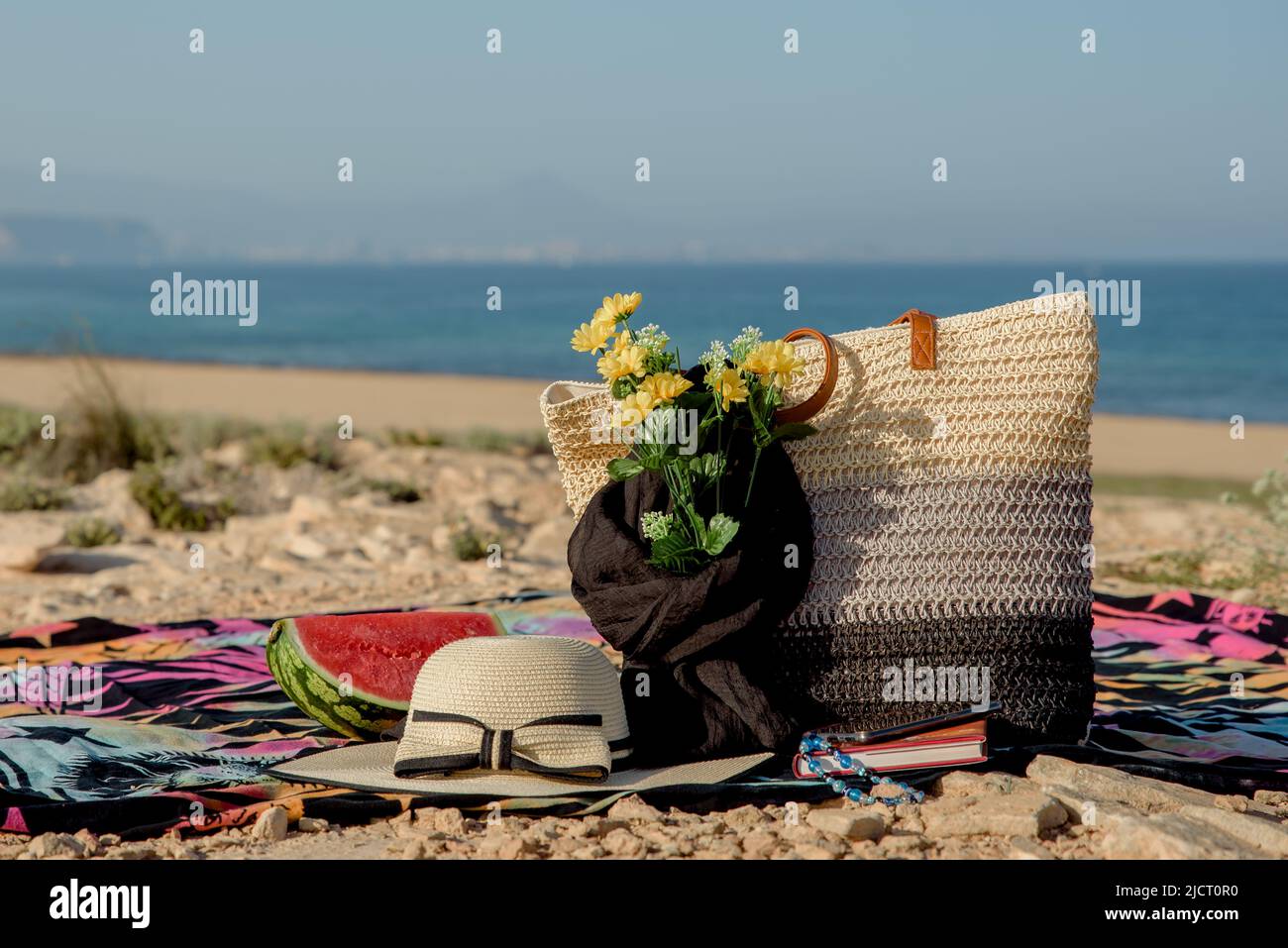 accessoires de plage, sac, livre, foulard, fleurs, chapeau, produits Banque D'Images