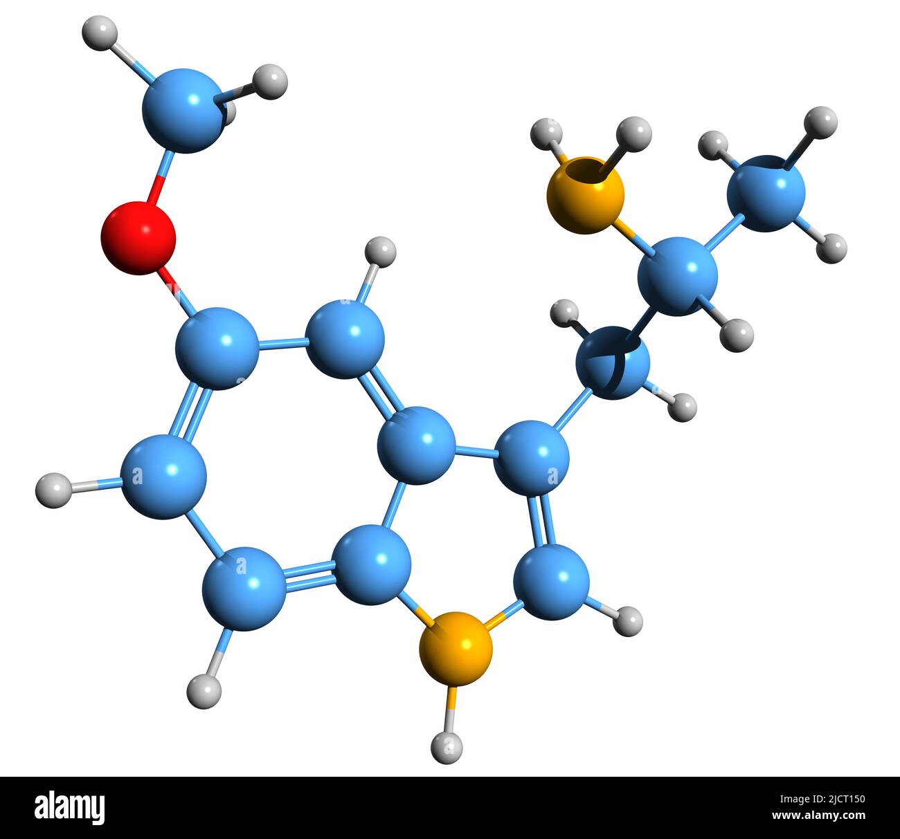 3D image de la formule squelettique 5-MeO-AMT - structure chimique moléculaire de la tryptamine psychédélique isolée sur fond blanc Banque D'Images