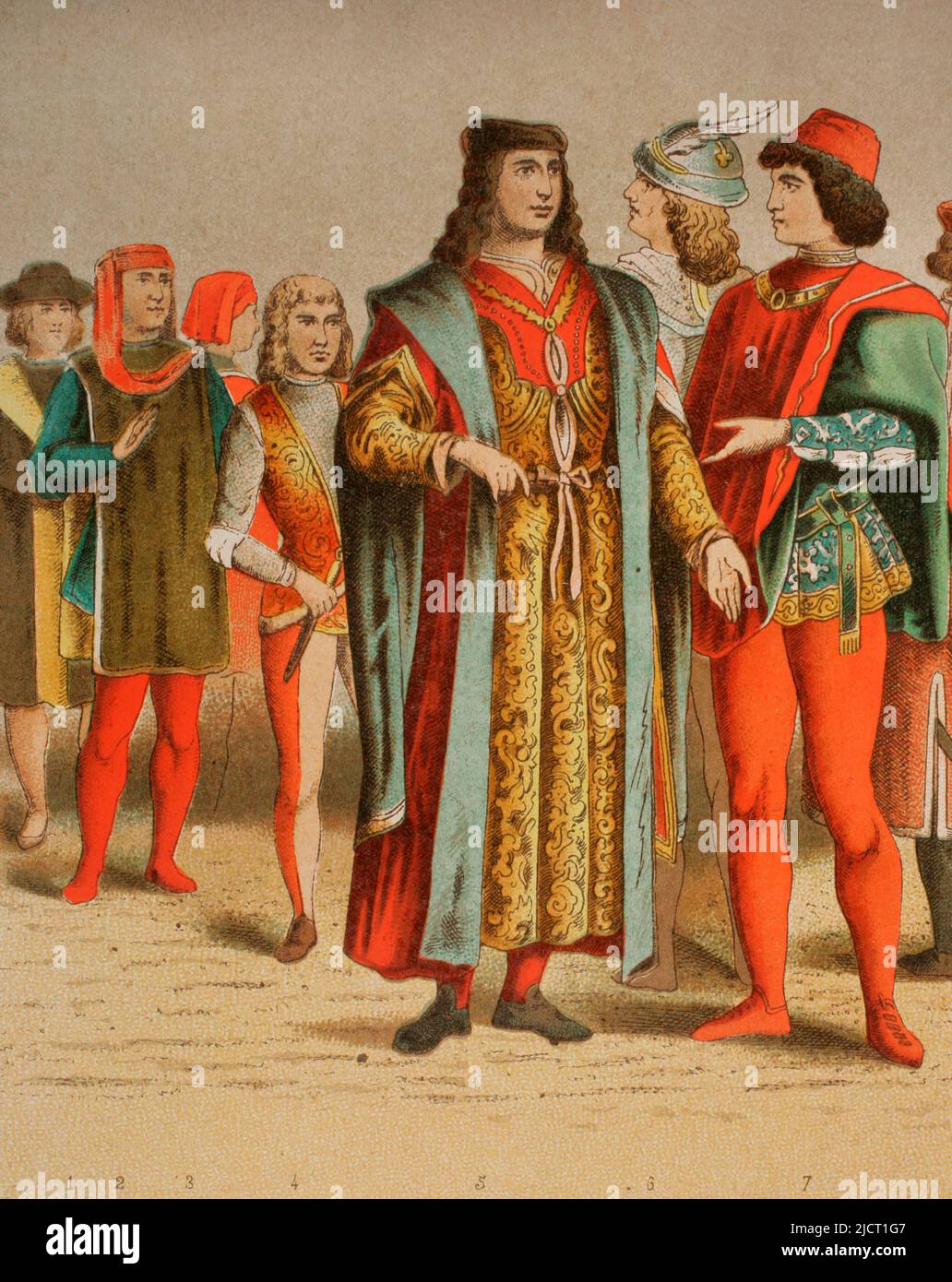 De gauche à droite : Florentins, page, nobles et nobles vénitiens. Chromolithography. 'Historia Universal' (Histoire universelle), par César Cantú. Volume VI Publié à Barcelone, 1885. Banque D'Images