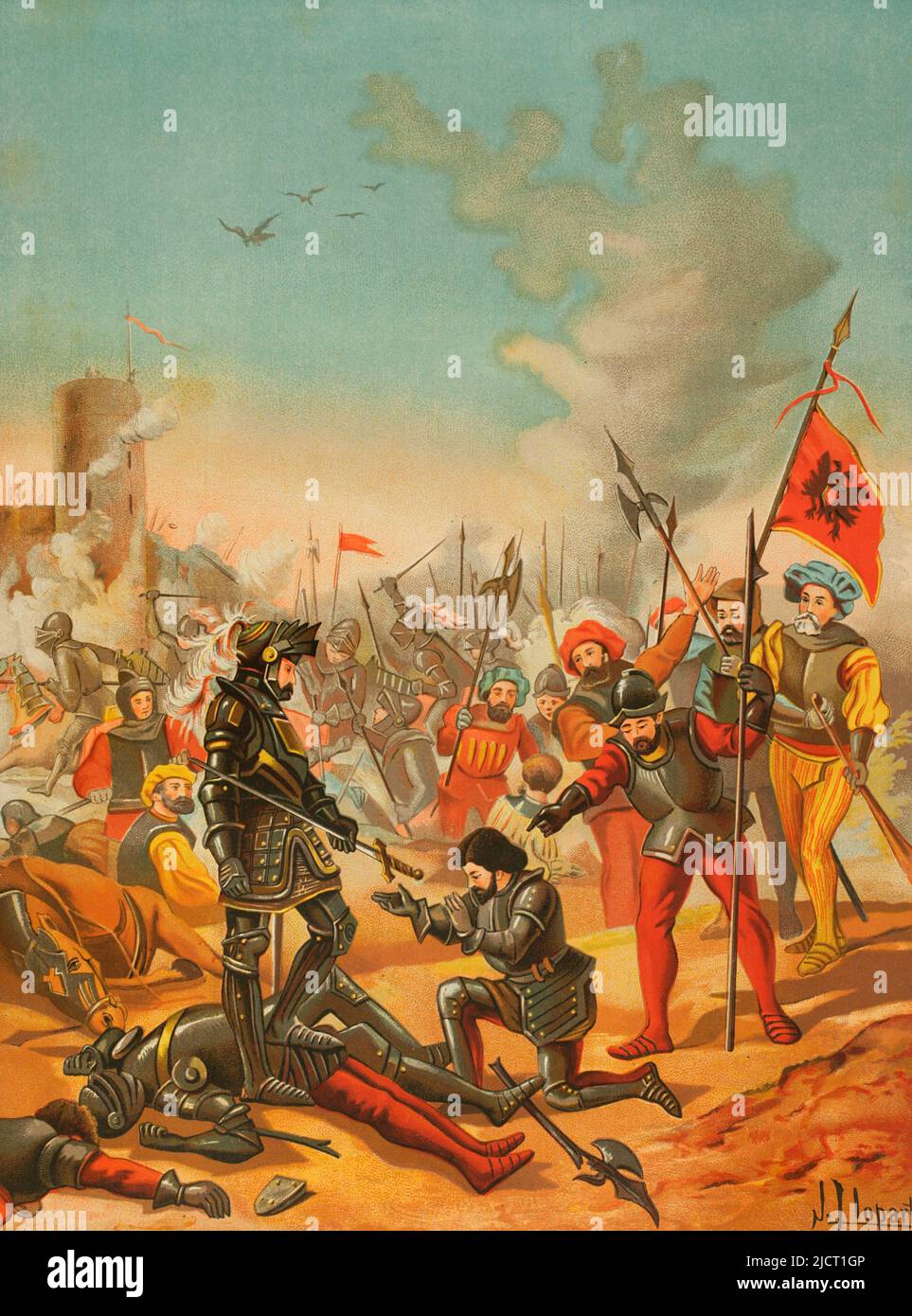 Guerre italienne de 1521-1526. Capitulation et emprisonnement de François Ier de France (1494-1527) à la bataille de Pavie (24 février 1525), dans laquelle il a été vaincu par l'empereur Charles V. Illustration de J. Llopart. Chromolithography. 'Historia Universal' (Histoire universelle), par César Cantú. Volume VII Publié à Barcelone, 1886. Banque D'Images