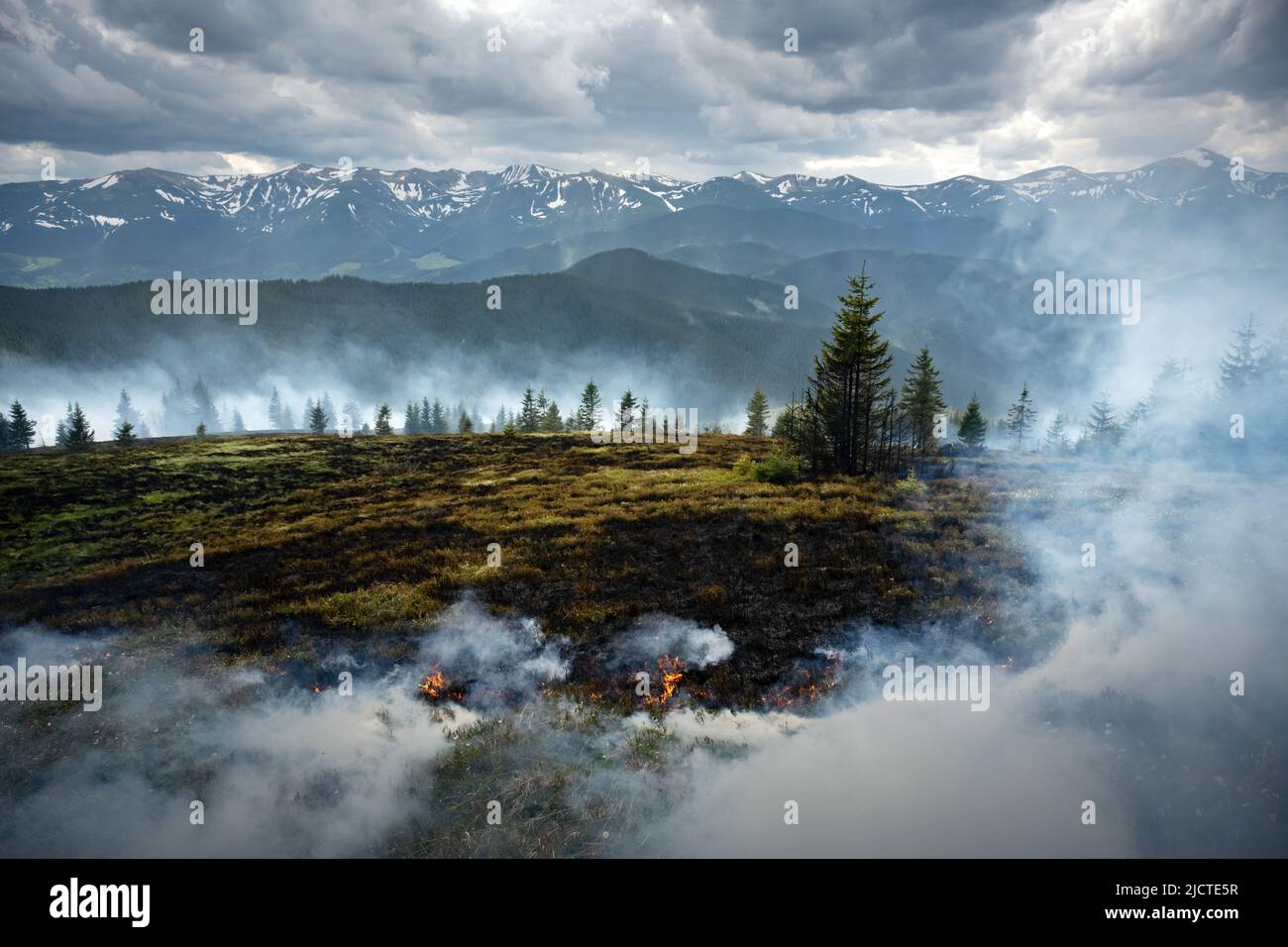 Des montagnes naturellement brûlantes dans les Carpates ukrainiens. Montagnes dans le feu. Brûlure de l'herbe sèche au printemps Banque D'Images