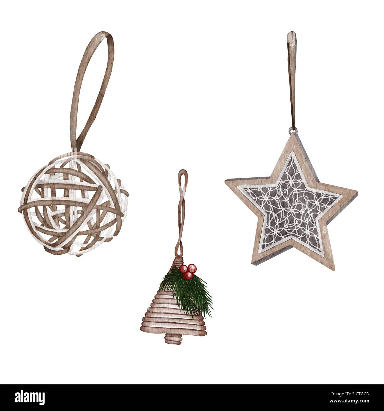 Ensemble d'arbres de Noël à motif aquarelle. Décorations d'arbres de ferme. Jouets en verre et en bois. Banque D'Images