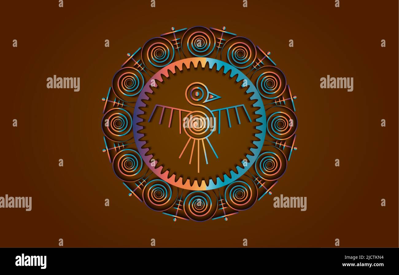Aztec oiseau cadre rond signe isolé ancien symbole de religion. Vector Maya fantastique animal coloré icône. Totem de la culture américaine, mascotte ethnique tribale Illustration de Vecteur