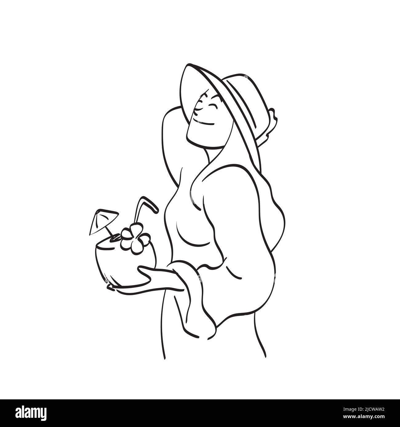 Belle femme souriante dans un chapeau relaxant avec un vecteur d'illustration de noix de coco dessiné à la main isolé sur fond blanc art de ligne Illustration de Vecteur