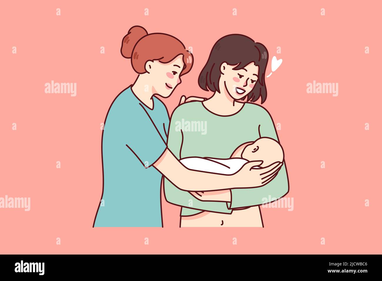 Bonne infirmière et jeune mère tenant le nouveau-né sur les mains. Maman souriante rencontre enfant bébé ont le confort du médecin. Concept de maternité. Illustration vectorielle plate. Illustration de Vecteur