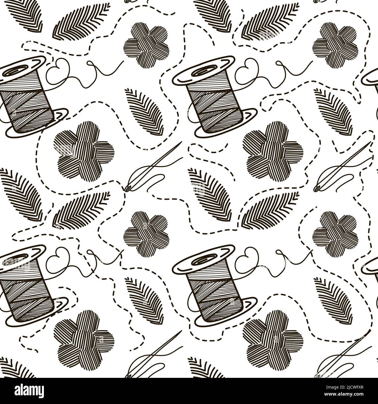 Motif sans couture de fil, aiguilles et broderie, éléments de caniche dessinés à la main dans un style d'esquisse. Palette monochrome noir et blanc. Fil à coudre, non Illustration de Vecteur