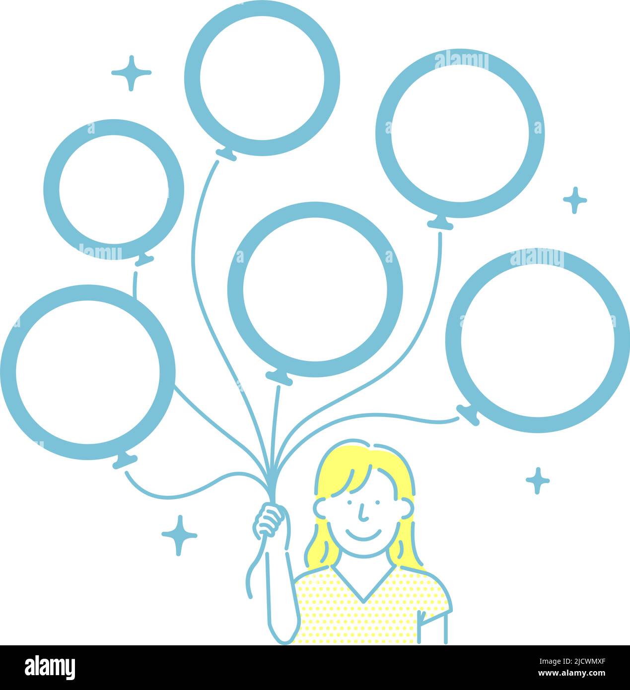 Illustration vectorielle d'une jeune femme avec de nombreux ballons (espace de conception à l'intérieur des ballons) Illustration de Vecteur