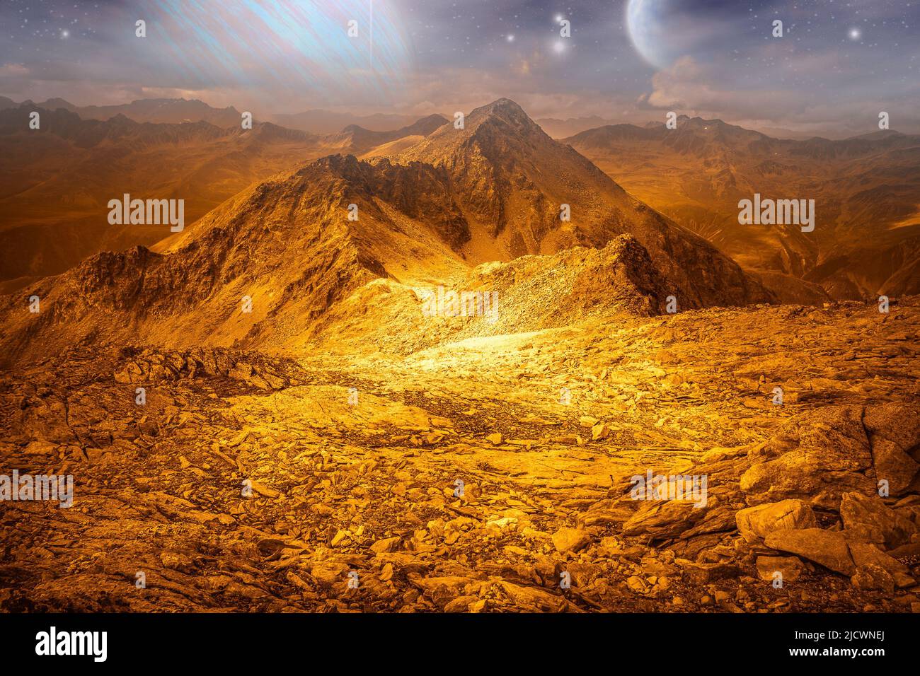 Montage photo qui recrée la surface de la planète extraterrestre avec le ciel plein d'étoiles Banque D'Images